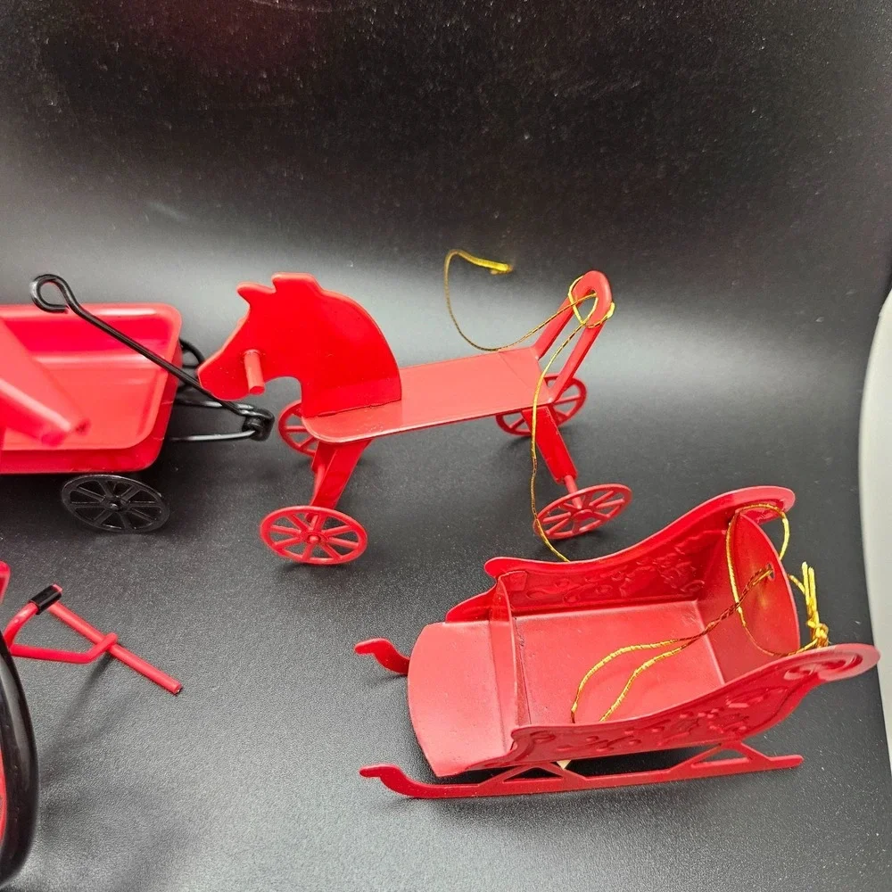 Vintage Red Metal Miniature Vehicles & Sled Christmas Ornaments Lot of 11 Taiwan